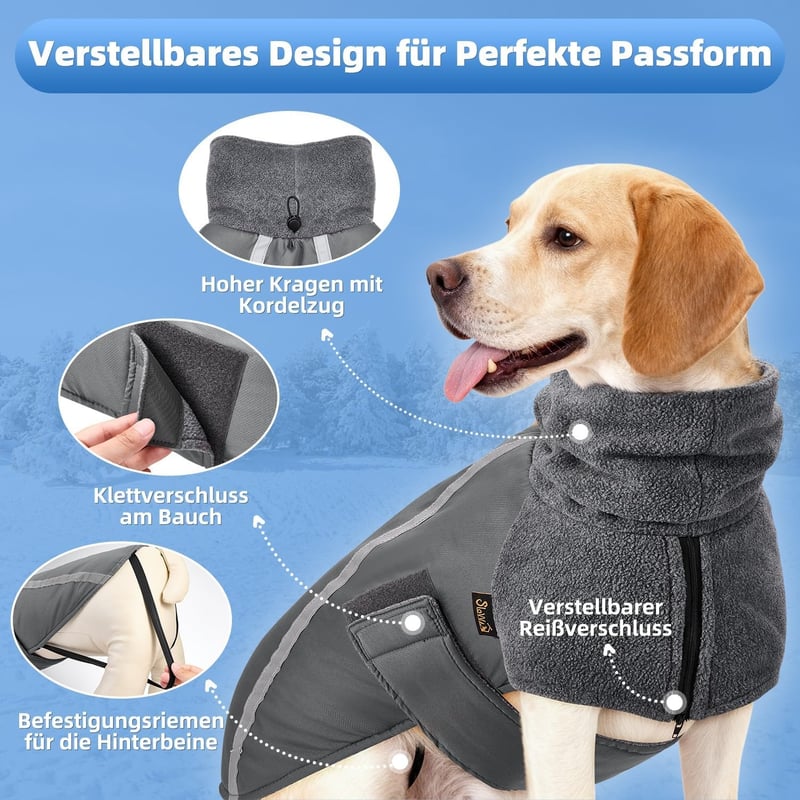 Geacă de iarnă pentru câini SlowTon cu căptușeală din fleece, guler înalt, benzi reflectorizante, impermeabilă, mărimea S, gri
