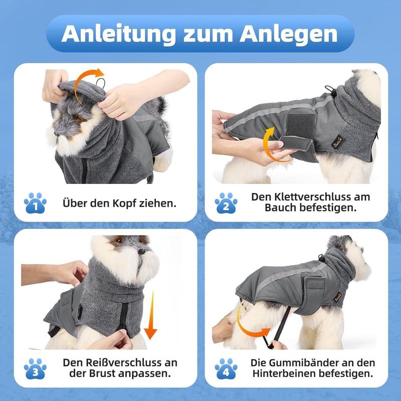 Geacă de iarnă pentru câini SlowTon cu căptușeală din fleece, guler înalt, benzi reflectorizante, impermeabilă, mărimea S, gri