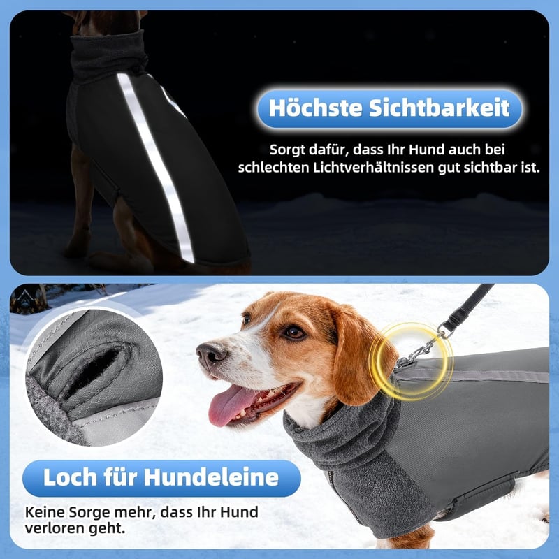Geacă de iarnă pentru câini SlowTon cu căptușeală din fleece, guler înalt, benzi reflectorizante, impermeabilă, mărimea S, gri
