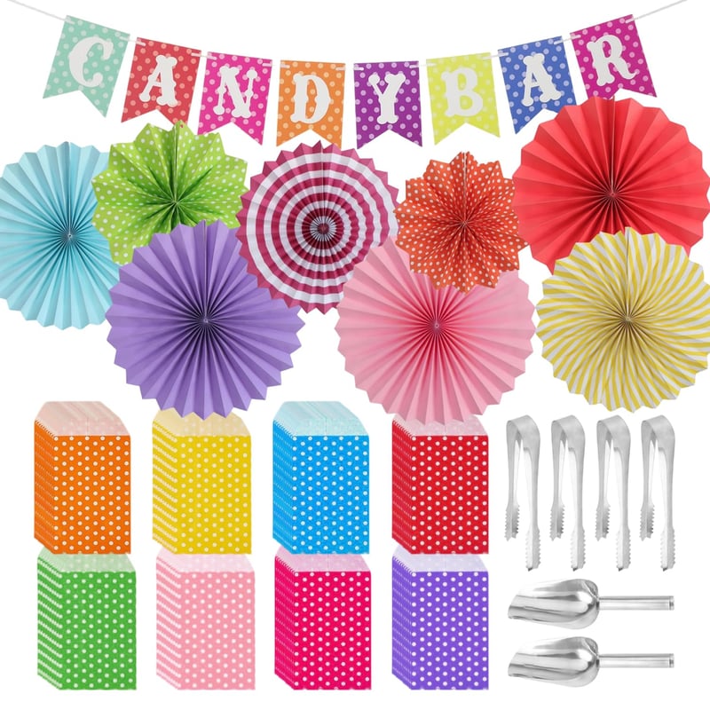 Slvoaujtk set dodataka za Candy Bar od 95 dijelova – 80 vrećica, 4 hvataljke za led, 2 lopatice za slatkiše, 8 papirnatih lepeza, 1 banner – Dekoracija za rođendanske i karnevalske zabave