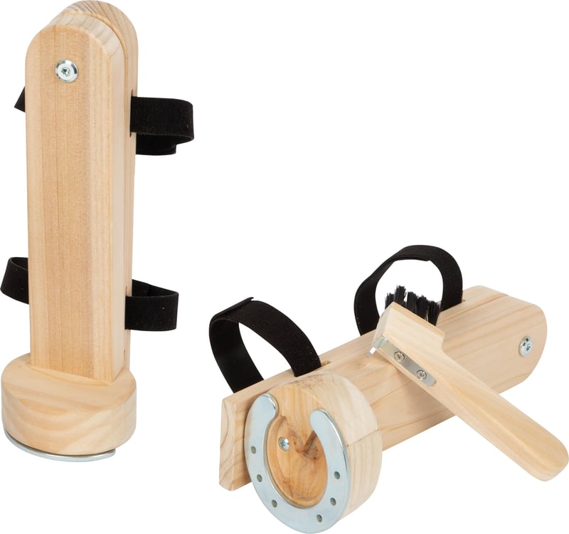 Small Foot 12797 Set perii pentru copite de cal – Set realist de 2 accesorii pentru îngrijirea calului cu potcoavă și curățător de copite, 8,5x9x24 cm, de la 3 ani