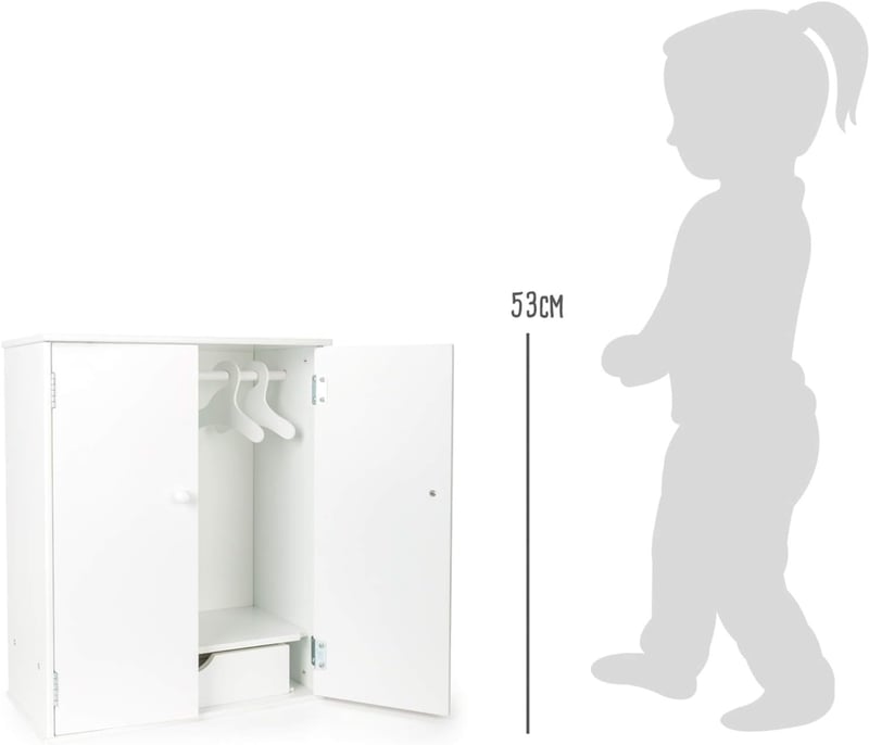 Small Foot Fehér Fa Babaruha Szekrény Ruhásrúddal és Kiegészítőkkel - Játék Babaszoba Bútor 3-8 Éves Gyerekeknek