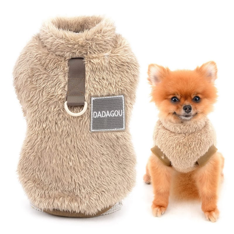 smalllee_lucky_store Vestă cu guler înalt din fleece tip Sherpa pentru câini și pisici, cu inel D, pentru rase mici precum Yorkie sau Chihuahua, haine de toamnă și iarnă, maro, mărimea XL