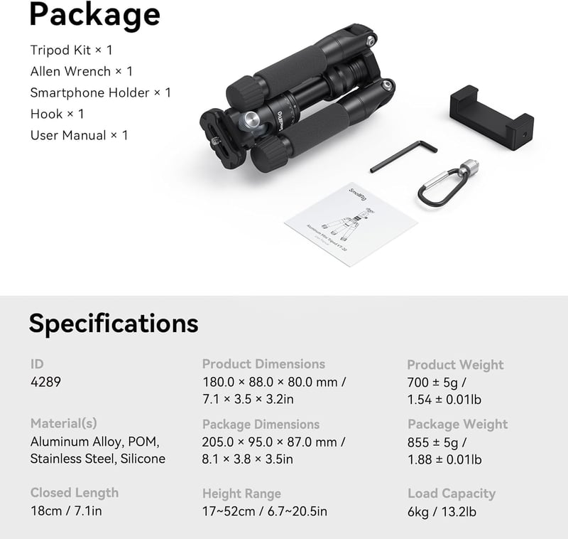 SMALLRIG Alumínium Mini Állvány 52 cm 360° Gömbfejjel - Kompakt Kamera Tripod Canon, Sony, Nikon, Fujifilm Gépekhez - 6 kg Teherbírás