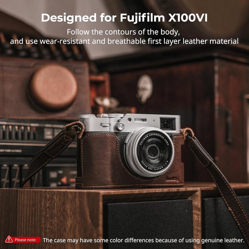 SMALLRIG Bőr Tok FUJIFILM X100VI Fényképezőgéphez - Félborítás, Felhajtható Fedél, Vállpánt, Valódi Bőr Védőtok, Barna