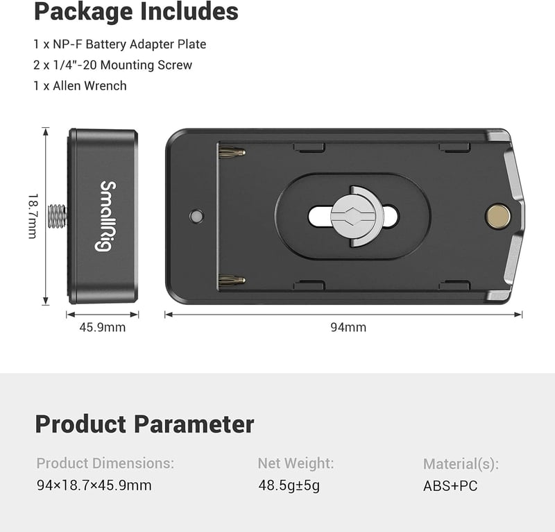 SMALLRIG NP-F Akkumulátor Adapter Plate Lite Sony A7 A9 BMPCC GH5 Z6 Z7
