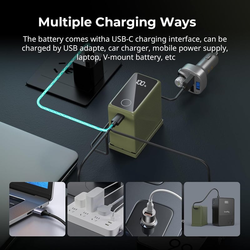 SMALLRIG NP-F970 Akkumulátor 10500 mAh - Sony Kamerákhoz, PD 36W USB-C Gyorstöltés, OLED Kijelző, Videó Lámpákhoz, Kamerákhoz, Zöld