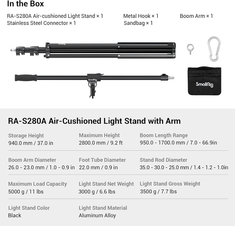 SMALLRIG RA-S280A 280cm Aluminium Állvány Légpárnás Fotó Tripod Stúdió Lámpa Softbox Ringlight