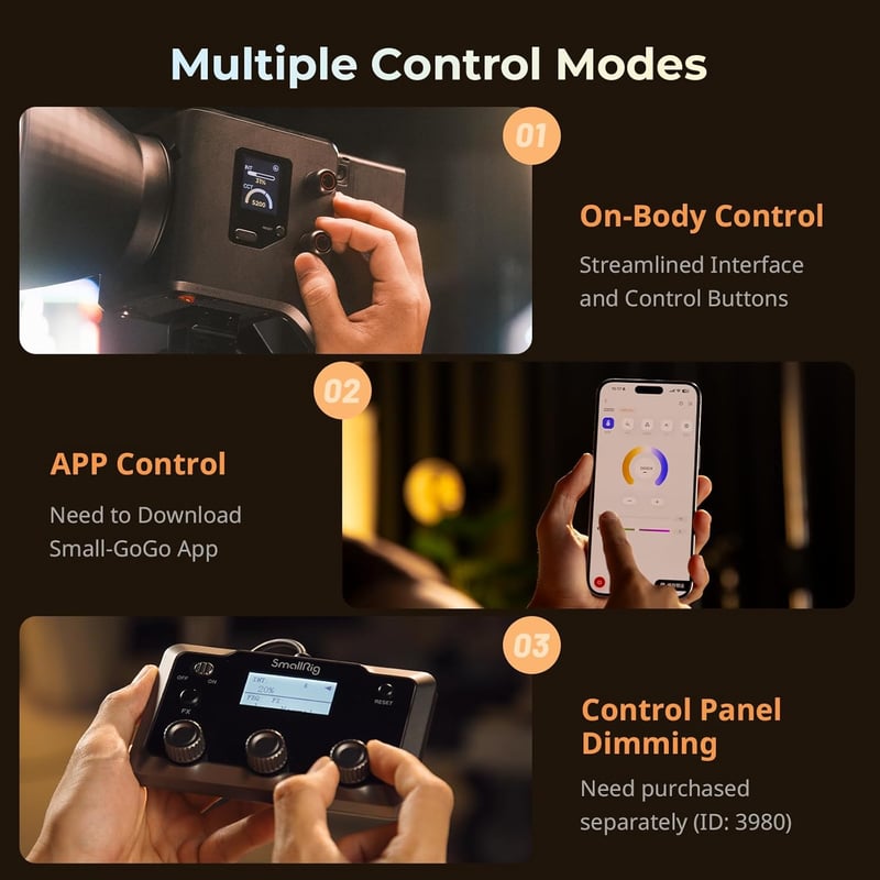 SMALLRIG RC 220B Pro 220W COB videólámpa Bowens csatlakozóval, 2700K-6500K, CRI 95+, app vezérlés