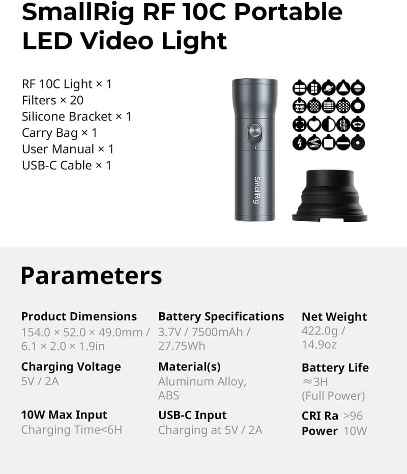SMALLRIG RF10C RGB LED Fotólámpa, 4 Színű Fényforrás, 20 Mintaszűrővel, 7500mAh Akkumulátor, Alumínium Ház, Fotózáshoz, Videókészítéshez - 4