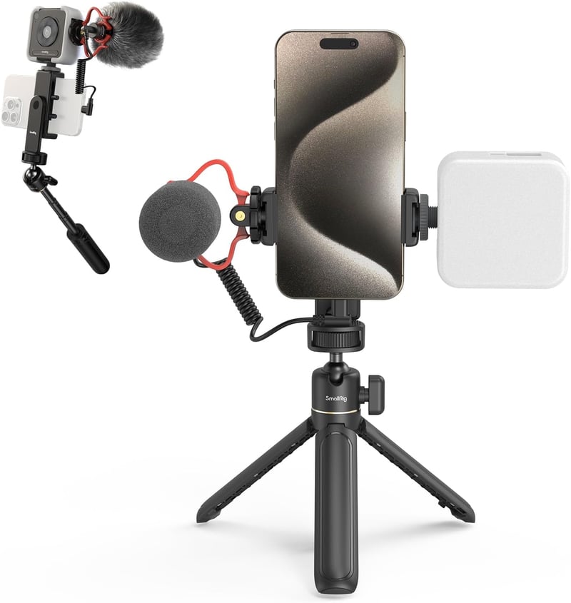 SMALLRIG VK-50 Vlogger Készlet iPhone-hoz - YouTube és TikTok Tartalomkészítő Szett Állvánnyal, Telefontartóval, LED Lámpával és Irányított 