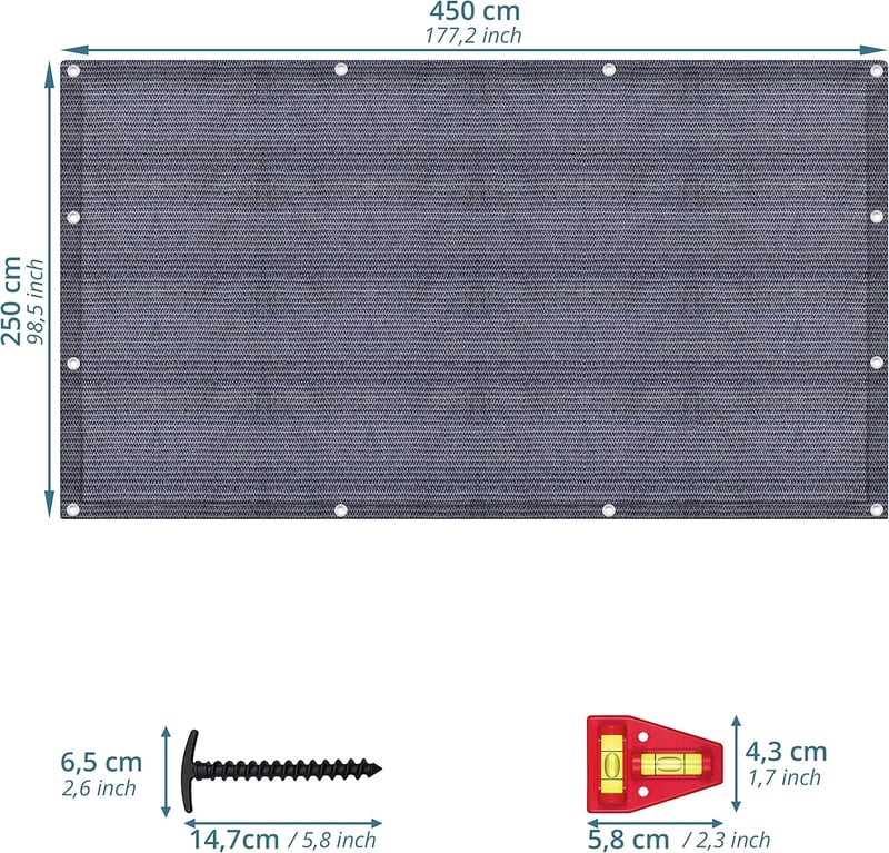 Smartpeas Kempingszőnyeg 250x250cm - Kék/Szürke Előtető Szőnyeg Rozsdamentes Acél Fűzőszemekkel - Vízáteresztő, Mosható HDPE Kültéri Szőnyeg - 250 cm x 450 cm