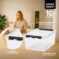 SmartStore 14-litrový priehľadný úložný box s vekom, vystužený plast, vhodný na potraviny, klipový uzáver, bez BPA, 4 ks, 40x30x18 cm, stohovateľný 3
