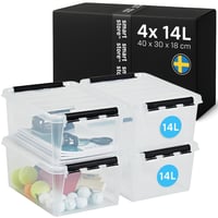 SmartStore 14-litrový priehľadný úložný box s vekom, vystužený plast, vhodný na potraviny, klipový uzáver, bez BPA, 4 ks, 40x30x18 cm, stohovateľný 1