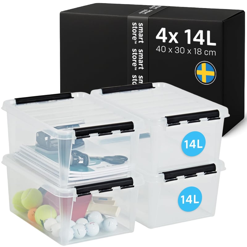 SmartStore 14-litrový priehľadný úložný box s vekom, vystužený plast, vhodný na potraviny, klipový uzáver, bez BPA, 4 ks, 40x30x18 cm, stohovateľný