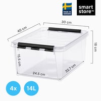 SmartStore 14-litrový priehľadný úložný box s vekom, vystužený plast, vhodný na potraviny, klipový uzáver, bez BPA, 4 ks, 40x30x18 cm, stohovateľný 2