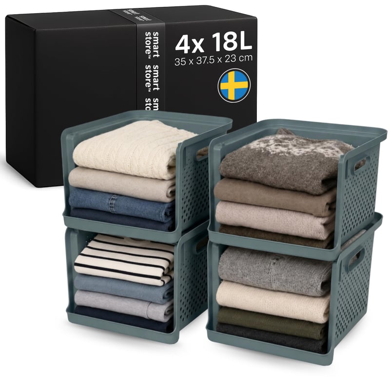 Organizér do skrine SmartStore 18 l, sivý s rúčkami, 4 ks – úložný košík do šatníka — odlomený roh zásuvky (stav: pozri 2. obrázok)
