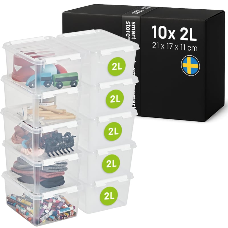 Cutie de depozitare cu capac SmartStore – Set de 10 cutii mici de 2L – 21x17x11 cm – Set organizator transparent