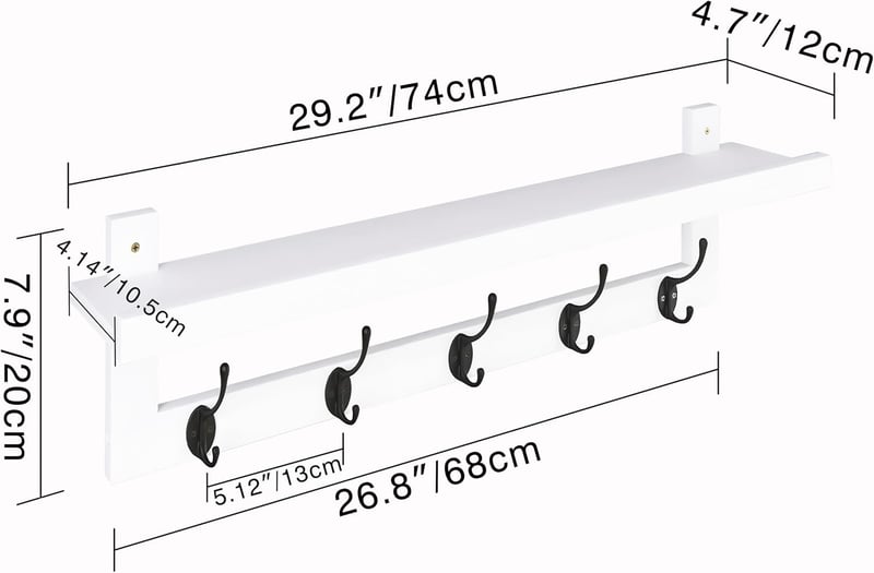 SMIBUY Bambusz Fali Ruhaakasztó Polccal 74cm Fehér-Fekete 5 Dupla Horgos