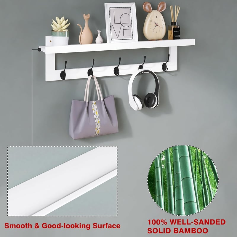 SMIBUY Bambusz Fali Ruhaakasztó Polccal 74cm Fehér-Fekete 5 Dupla Horgos