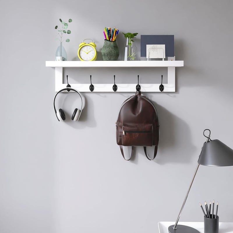 SMIBUY Bambusz Fali Ruhaakasztó Polccal 74cm Fehér-Fekete 5 Dupla Horgos
