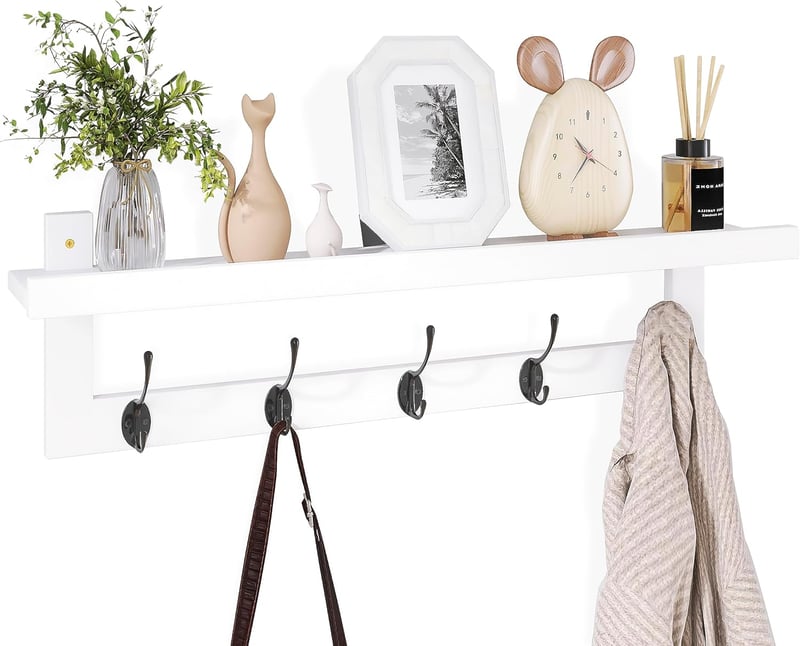 SMIBUY Bambusz Fali Ruhaakasztó Polccal 74cm Fehér-Fekete 5 Dupla Horgos