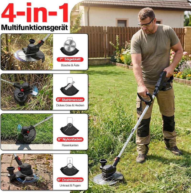 SMILOVII Akkumulátoros Fűnyíró 750W Két Akkuval, Teleskópos Szegélynyíró Kerekekkel és Fémlapátokkal