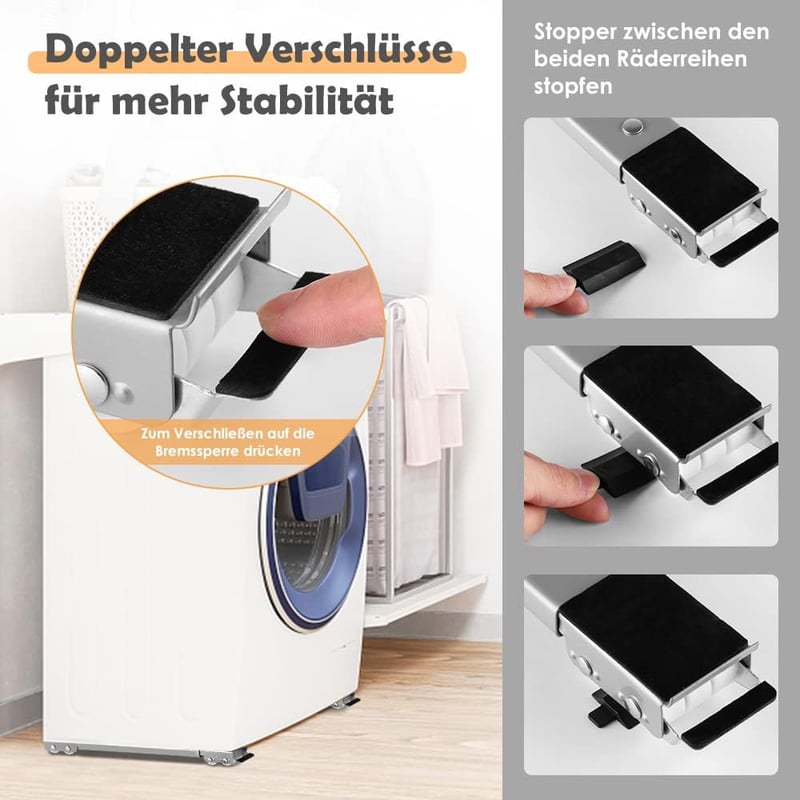SMONTER 2 db mosógép alátét keret bútoremelővel és fékes kerekekkel 300 kg teherbírás hűtőhöz szárítógéphez mosogatógéphez ezüst