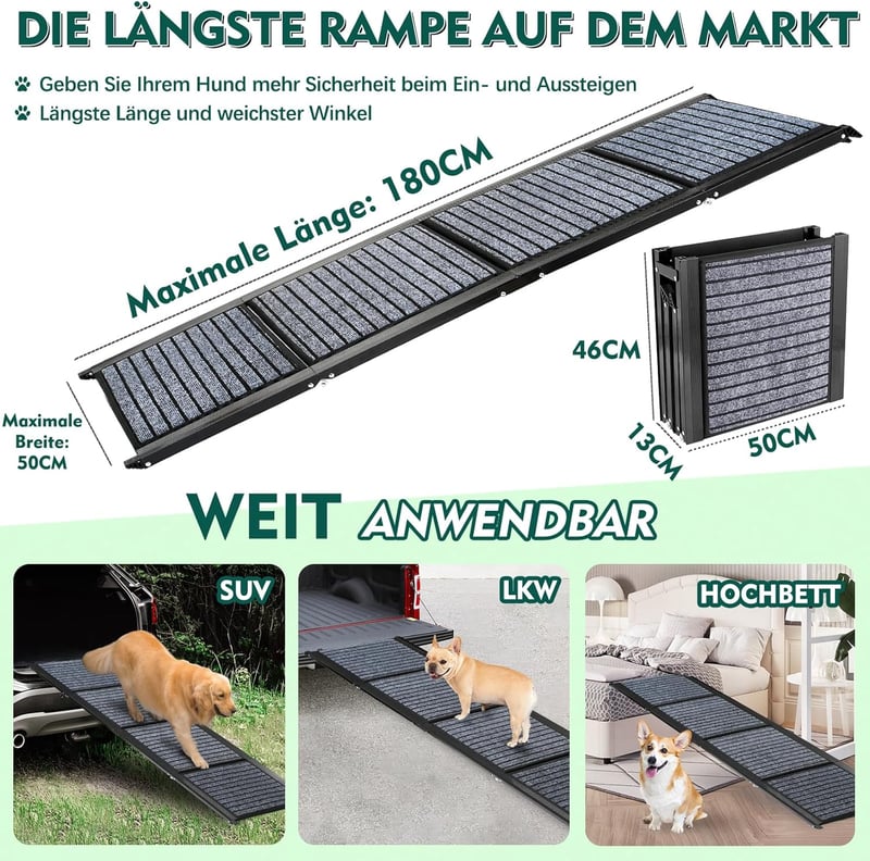 Snagle Paw 180 cm Összecsukható Kutya Rámpa - Extra Széles 50 cm, Csúszásgátló Szőnyeggel, 129 kg Teherbírású Alumínium Fellépő Idős, Sérült