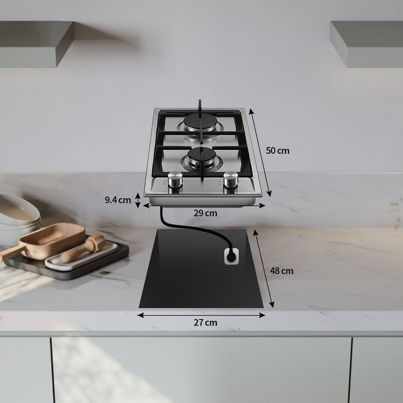 SNDOAS Rozsdamentes 2 égős gázfőző automata lángvédelemmel természetes gáz és LPG, beépíthető vagy álló 2400/1800 W 220-240 V