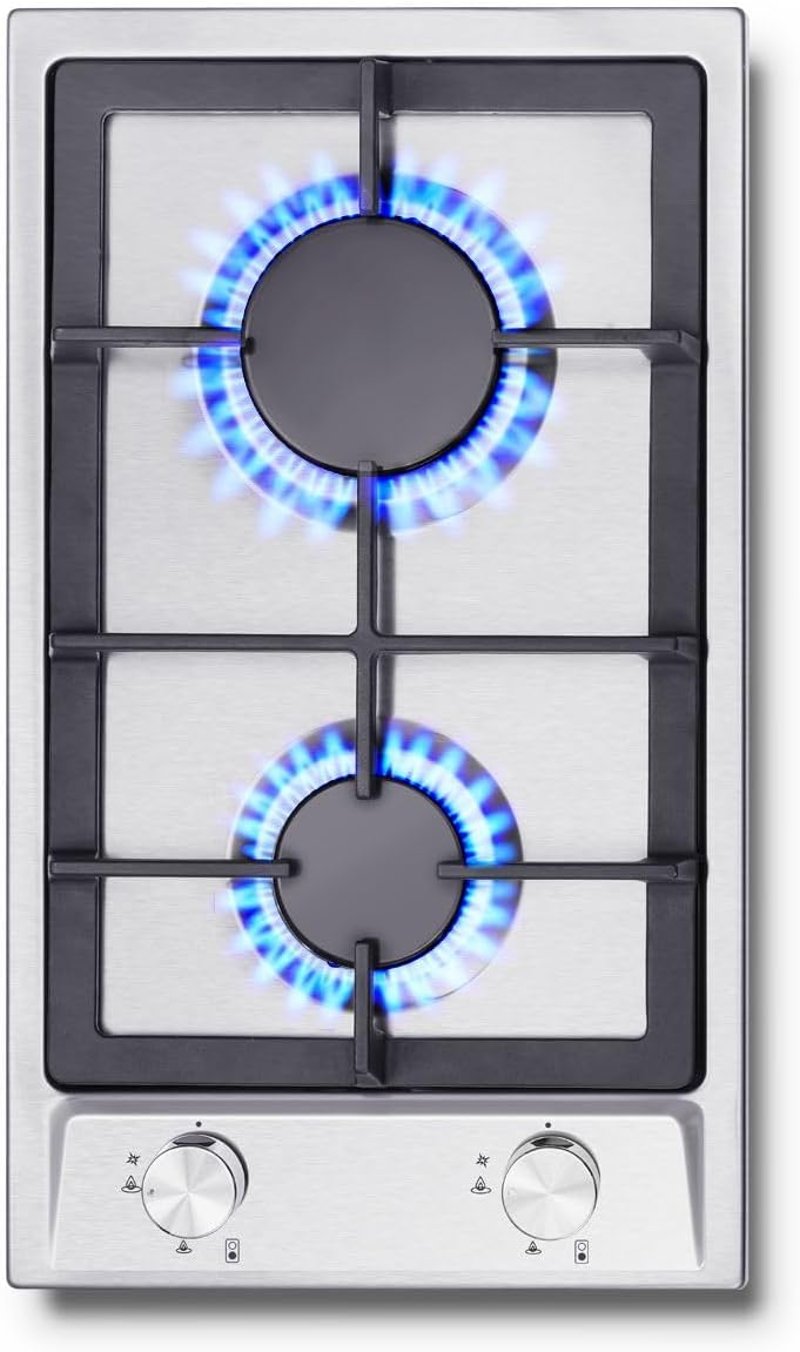 SNDOAS Rozsdamentes 2 égős gázfőző automata lángvédelemmel természetes gáz és LPG, beépíthető vagy álló 2400/1800 W 220-240 V