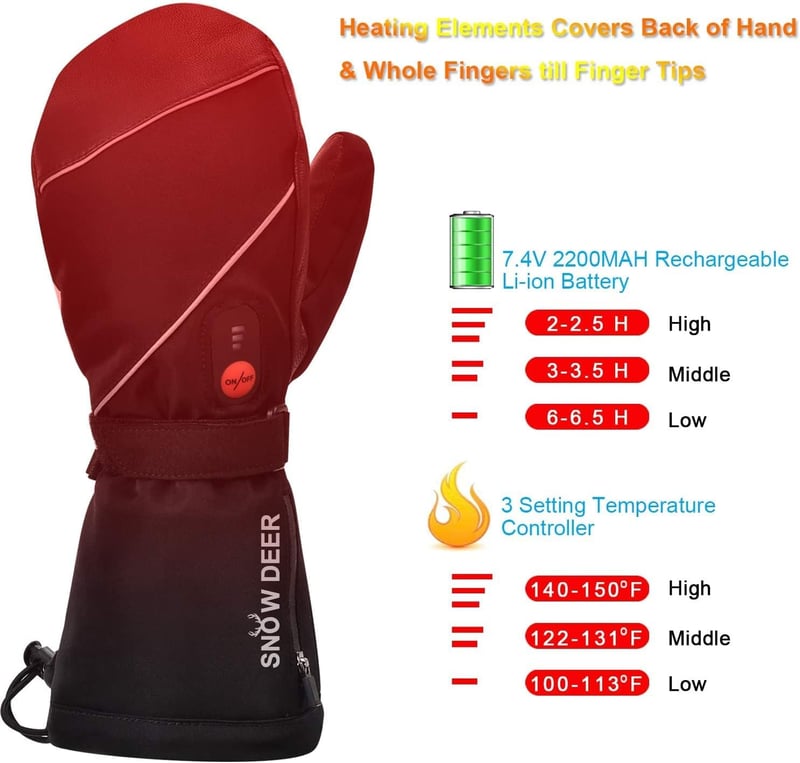SNOW DEER Fűthető Sí Kesztyű 7.4V 2200mAh Elektromos Töltödhető Fekete S