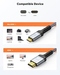 SNOWKIDS Mini HDMI - HDMI Kábel 3m, 4K@60Hz/2K@120Hz, Nylon Fonott, Kétirányú Átvitel, Kompatibilis TV/Monitor/Kamera/Projektor Eszközökkel 7