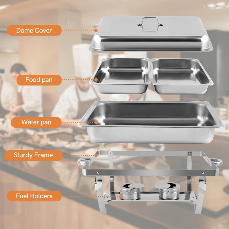 Snowtaros Melegentartó Edénykészlet 9L Rozsdamentes Acél Chafing Dish 4 Tálcával Büfé Esküvő Party Rendezvény