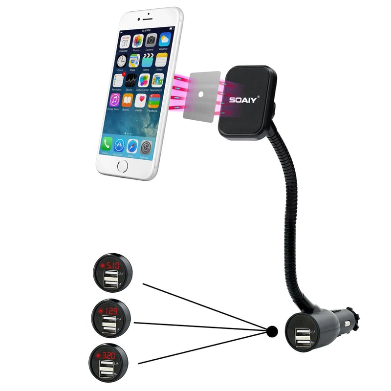 Magnetický držiak do auta 3 v 1 SOAIY do zapaľovača + USB nabíjačka 3.1A + voltmeter, LED displej, pre zariadenia iPhone a Samsung