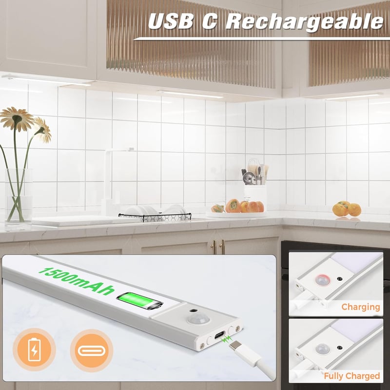 SOAIY 3 db 30 cm LED szalagfény mozgásérzékelővel, távirányítóval, USB-C töltéssel, 3 szín