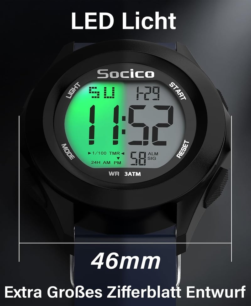 SOCICO férfi digitális karóra sport katonai vízálló LED világítás riasztás