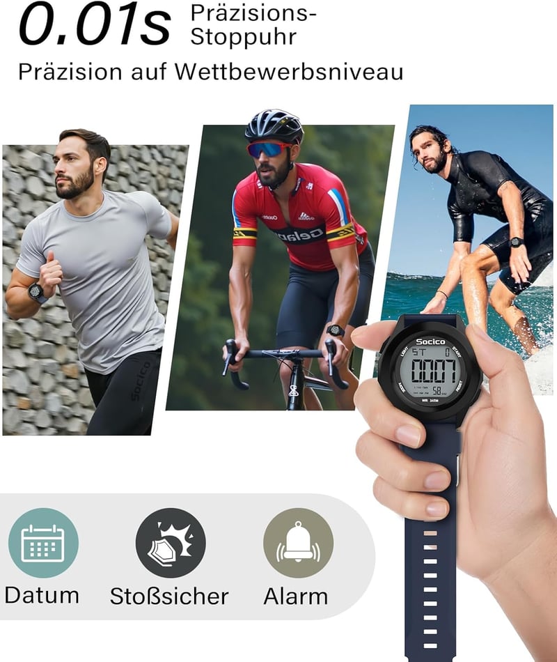 SOCICO férfi digitális karóra sport katonai vízálló LED világítás riasztás