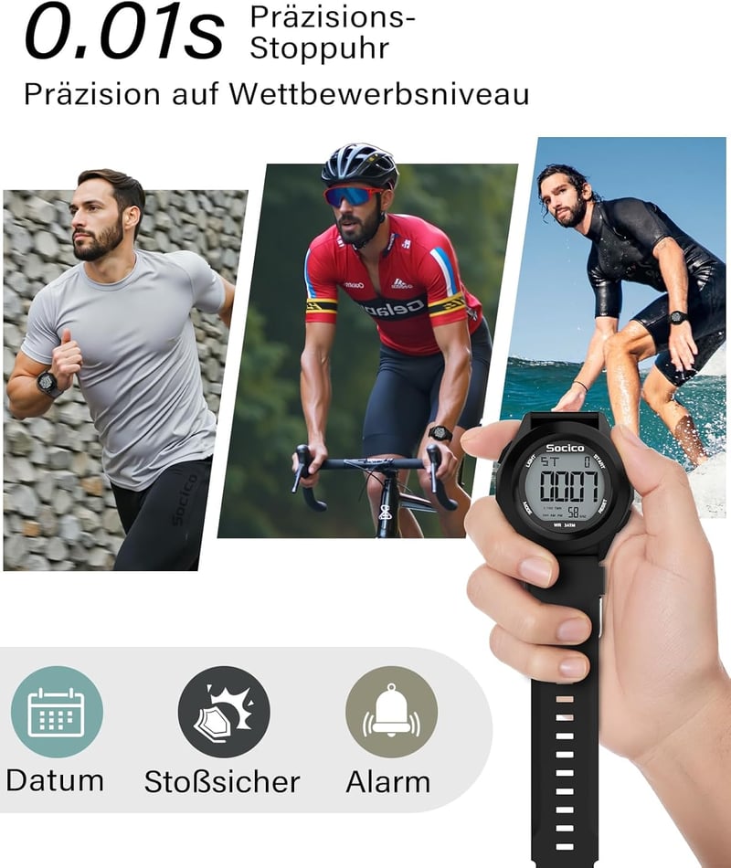 SOCICO Férfi Digitális Karóra Sportos Katonai Vízálló Kronográf LED Világítás Riasztás