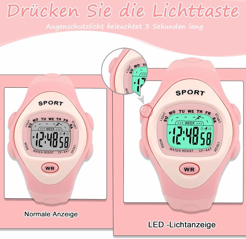 SOCICO Gyerek Digitális Óra Fiúknak Lányoknak 3-10 év Vízálló Sportóra LED Világítás Riasztás Stopper Ajándék Rózsaszín