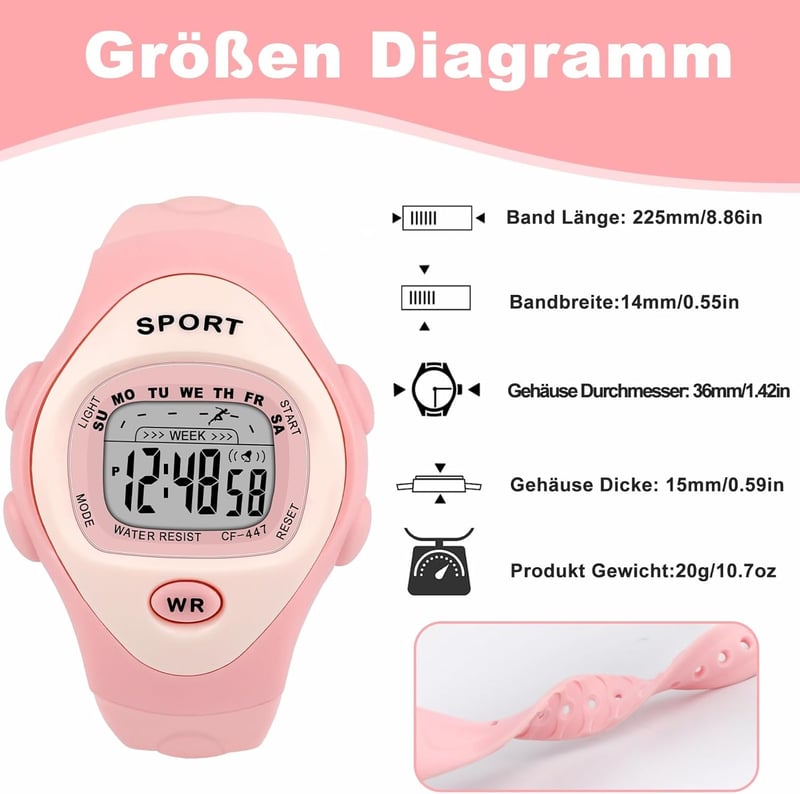 SOCICO Gyerek Digitális Óra Fiúknak Lányoknak 3-10 év Vízálló Sportóra LED Világítás Riasztás Stopper Ajándék Rózsaszín