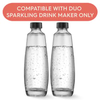 Sklenená fľaša SodaStream DUO a E-DUO 1 l, náhradná fľaša do výrobníka sódy, 2 ks v balení s čiernym skrutkovacím uzáverom, vhodná do umývačky riadu, prémiové sklo 2