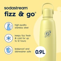 SodaStream Fizz & Go Cool nerezová fľaša na sýtenie vody 0,9 l, dvojstenná termo fľaša, citrónovo žltá, kompatibilná s TERRA, ART, E 2