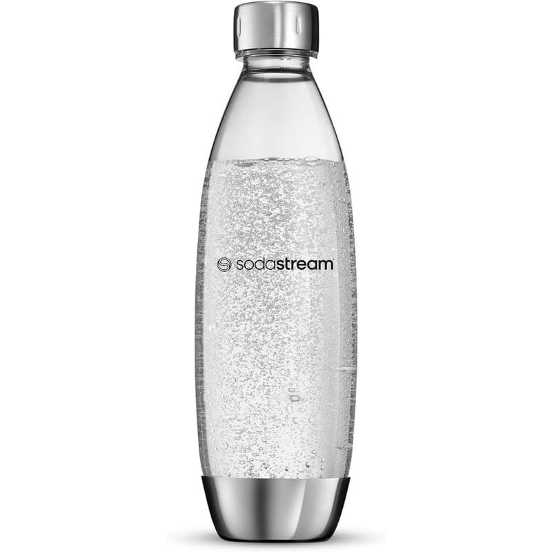 Opakovane použiteľná fľaša na sýtenie nápojov SodaStream Fuse, 1 liter, bez obsahu BPA, vhodná do umývačky riadu, strieborná, pre prístroje Terra, Art, Spirit a ďalšie výrobníky sódy