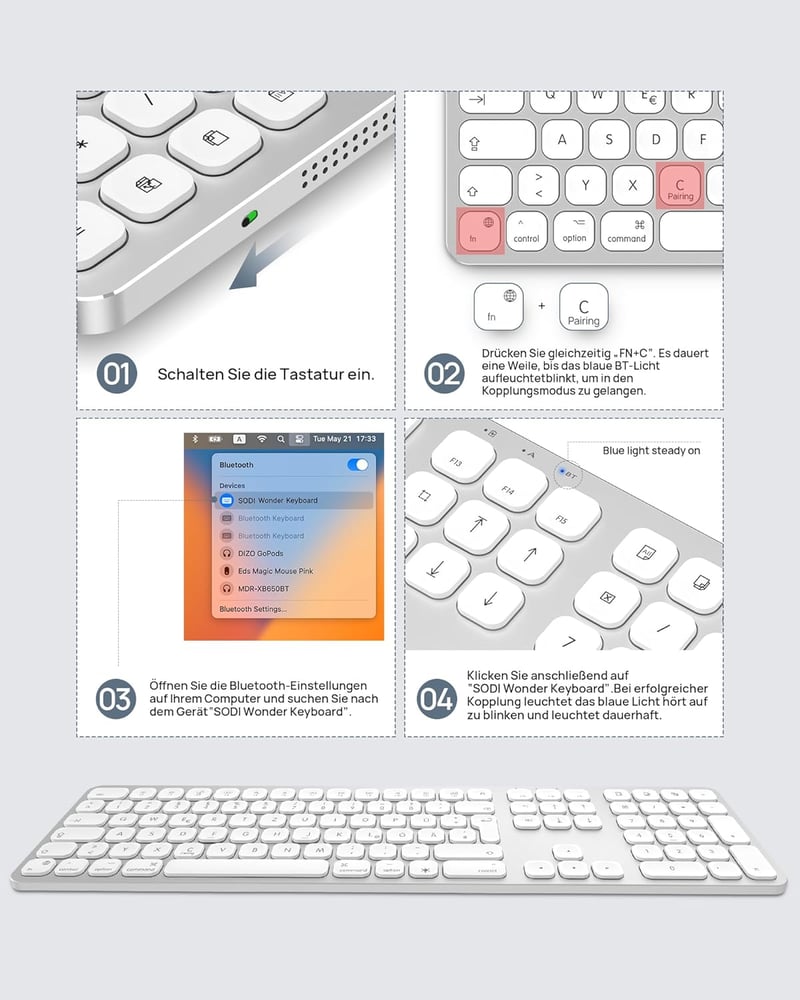 SODI Wireless Bluetooth Billentyűzet Mac/iPad/iPhone-hoz, Alumínium, Újratölthető, QWERTZ