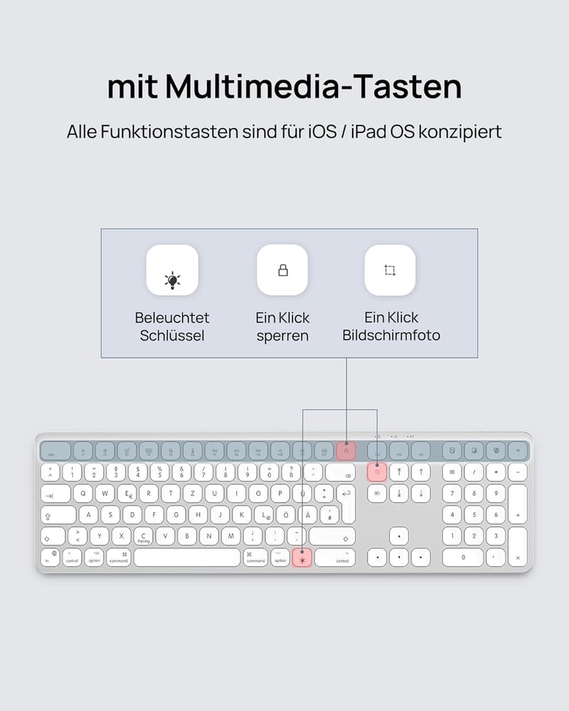 SODI Wireless Bluetooth Billentyűzet Mac/iPad/iPhone-hoz, Alumínium, Újratölthető, QWERTZ