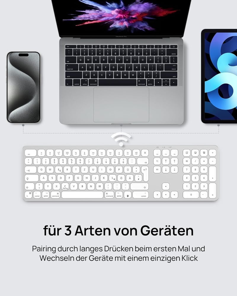 SODI Wireless Bluetooth Billentyűzet Mac/iPad/iPhone-hoz, Alumínium, Újratölthető, QWERTZ