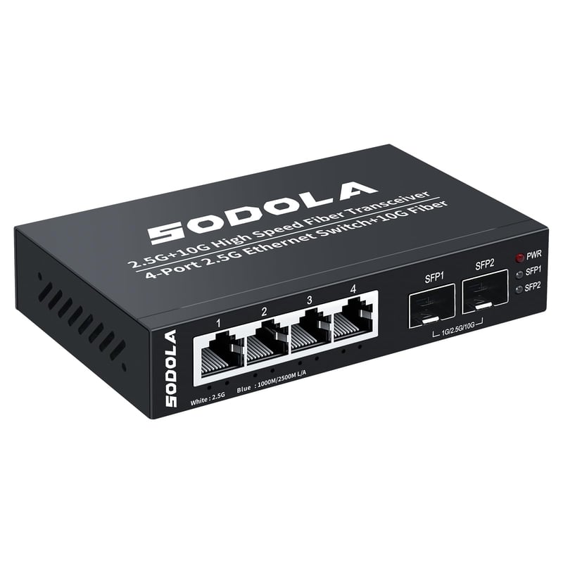 SODOLA 6-portový 2.5G neriadený Ethernet switch - 4x 2.5GBASE-T + 2x 10G SFP+ port, 60Gbps prepínacia kapacita, Mini sieť s montážou na stenu