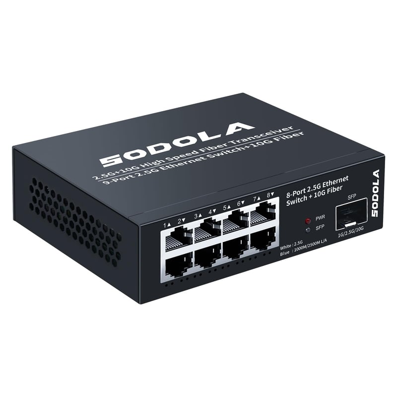 SODOLA switch de rețea cu 8 porturi 2.5 Gbps, port SFP+ 10G, capacitate 100 Gbps, carcasă metalică.