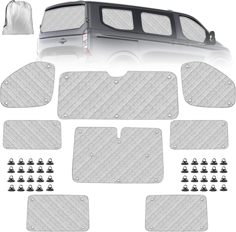 Soekodu Ford Transit Custom SWB Napellenző Szett 2012-2022 - 8 részes Hőszigetelő Belső Roletta Szélvédőre és Ablakokra Tárolótáskával